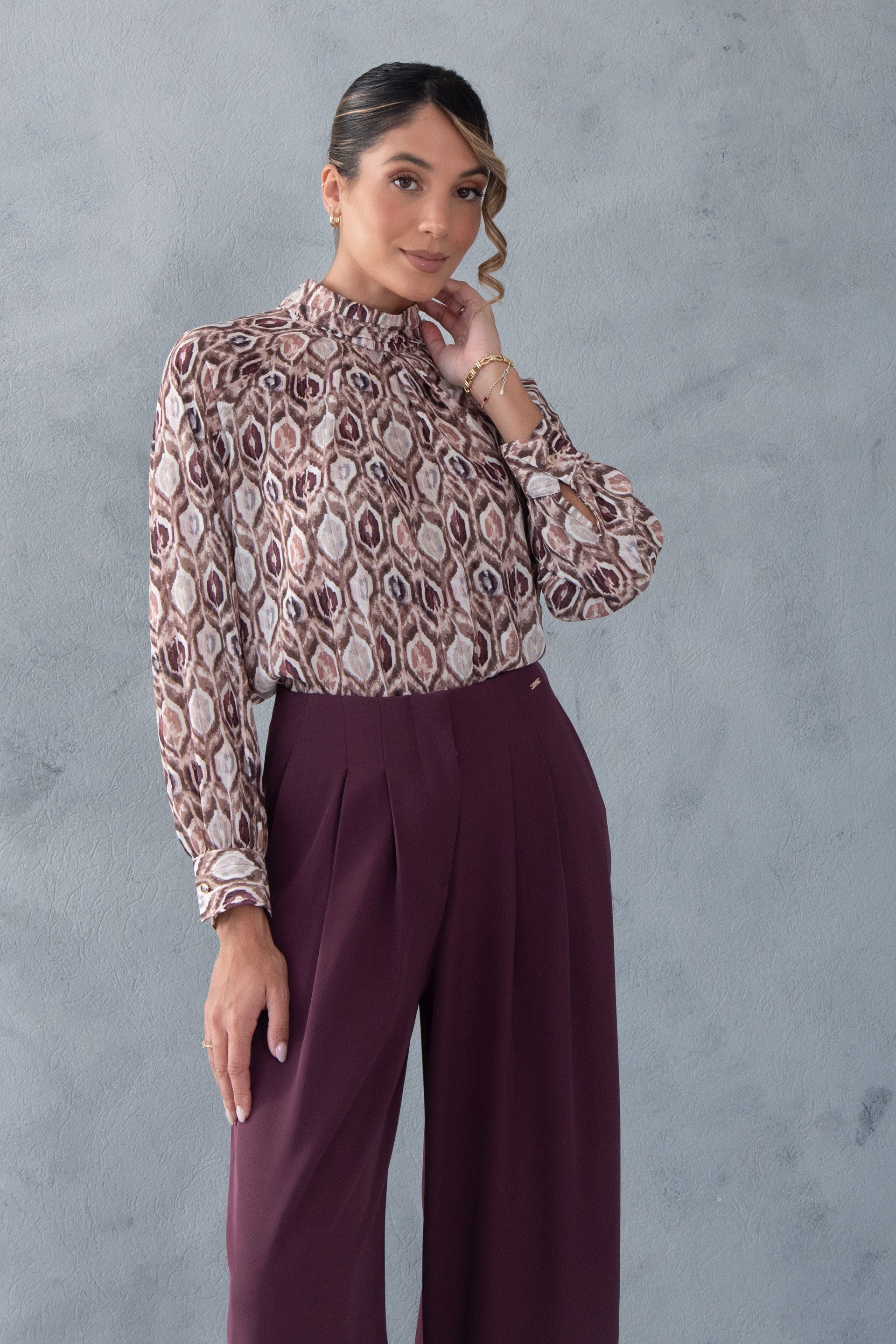 Printed blouse with draped collar