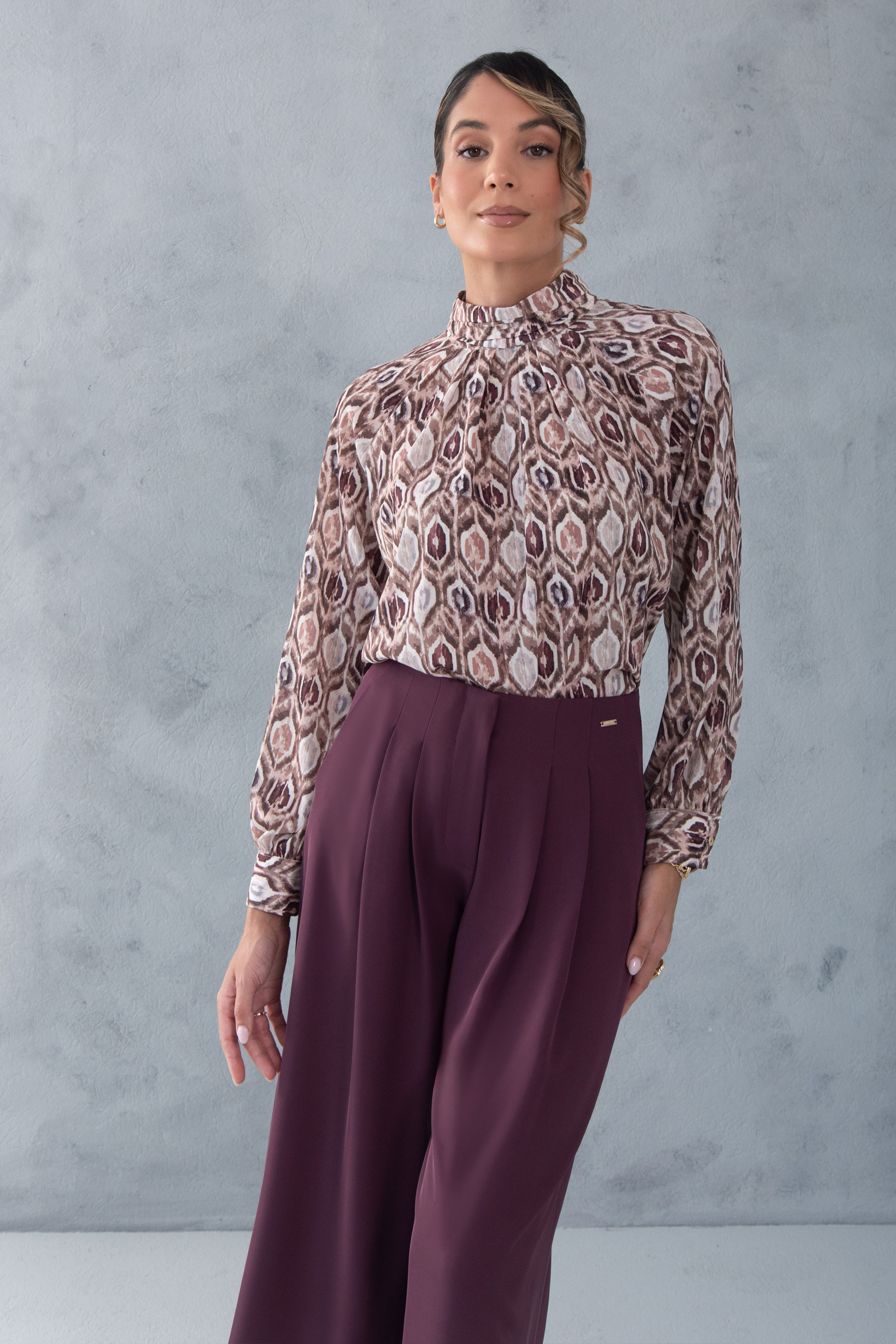 Printed blouse with draped collar
