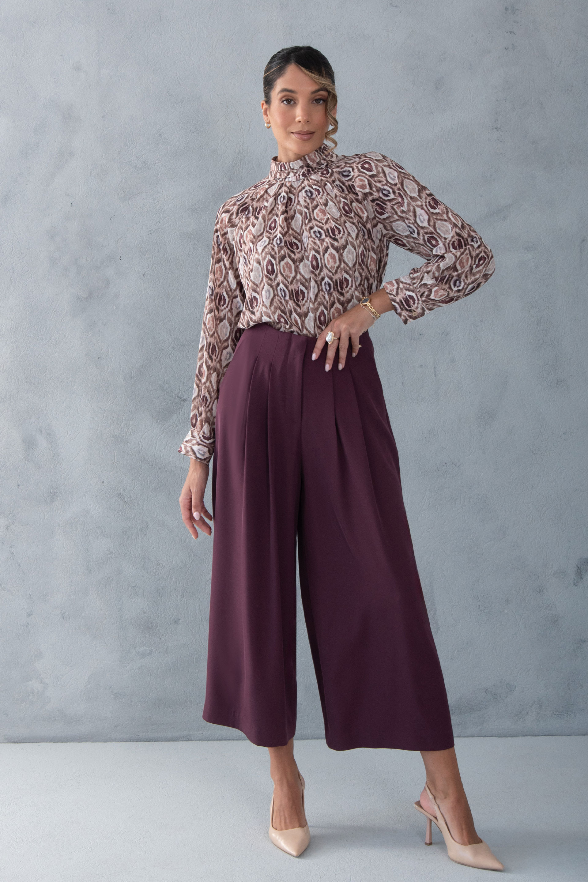 Printed blouse with draped collar