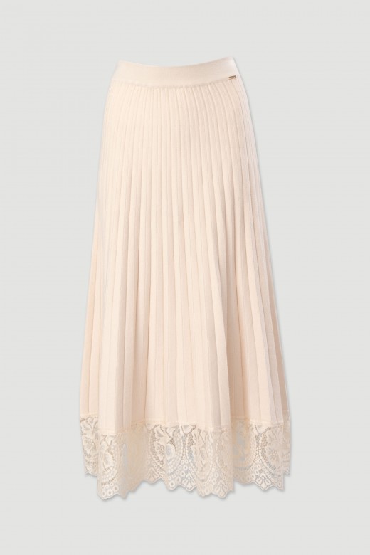Jupe midi plisse en maille avec dentelle