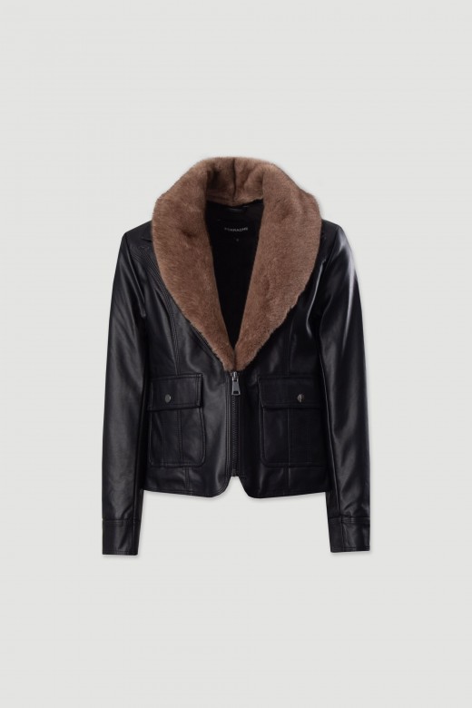 Faux leather jacket with removable fur collar
