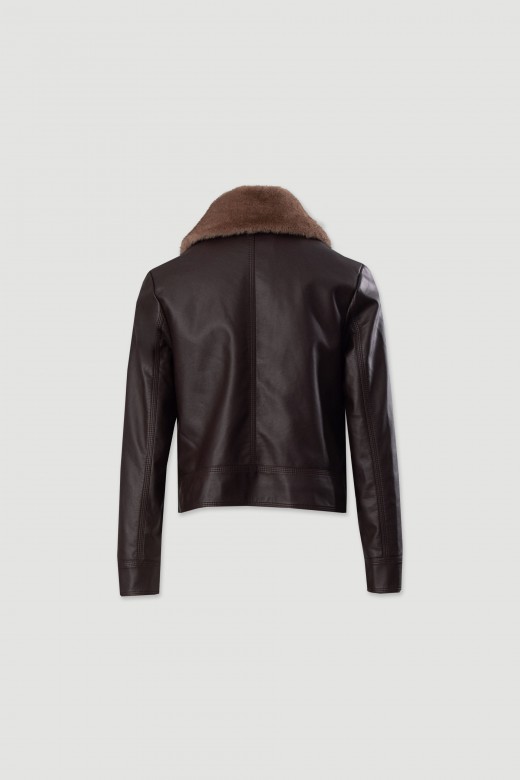 Faux leather jacket with removable faux fur collar