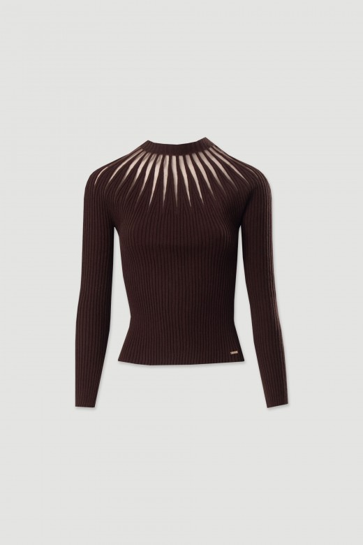 Pull en maille ctele avec dtail en tissu transparent