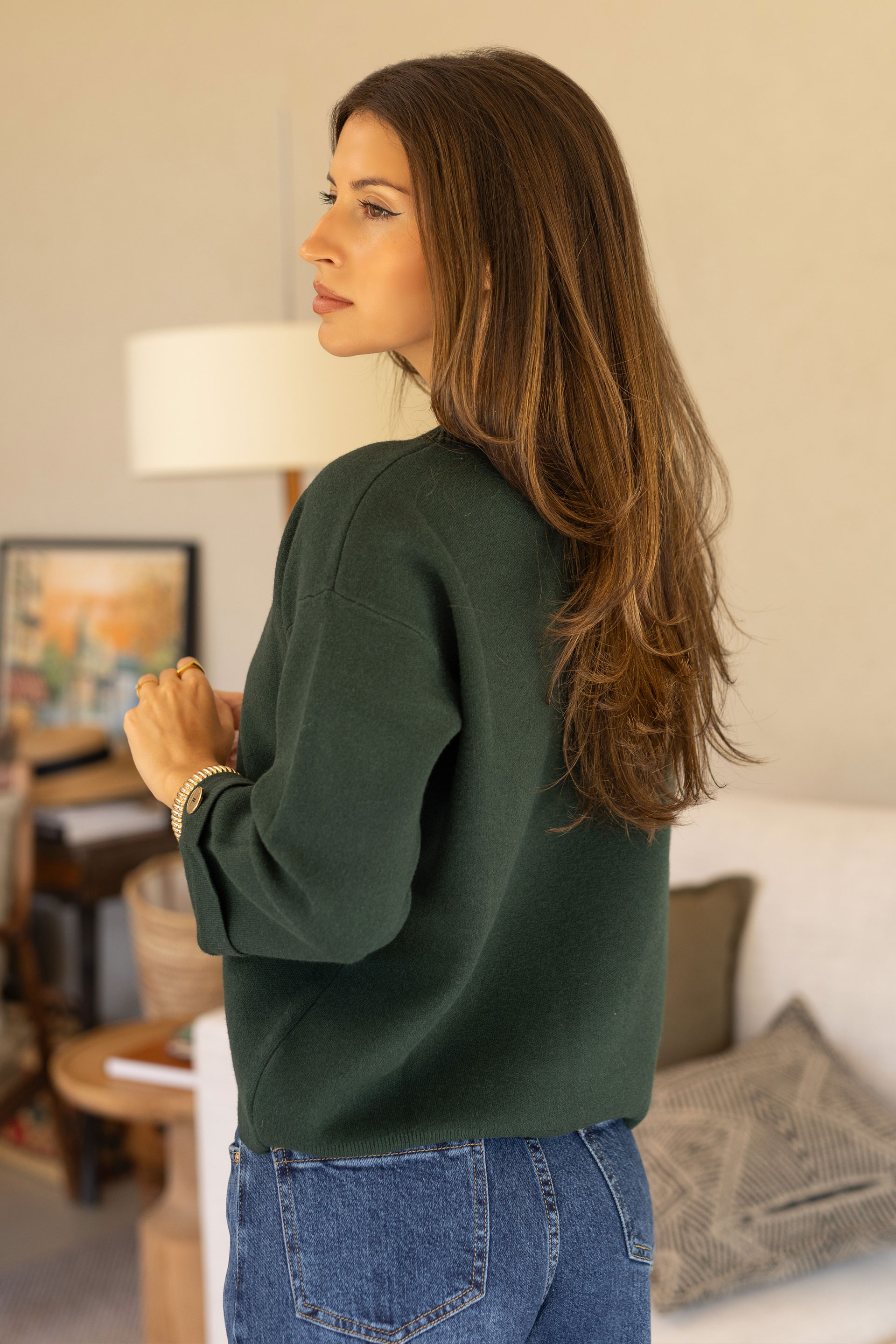 Knit sweater with 3/4 sleeves and button detail