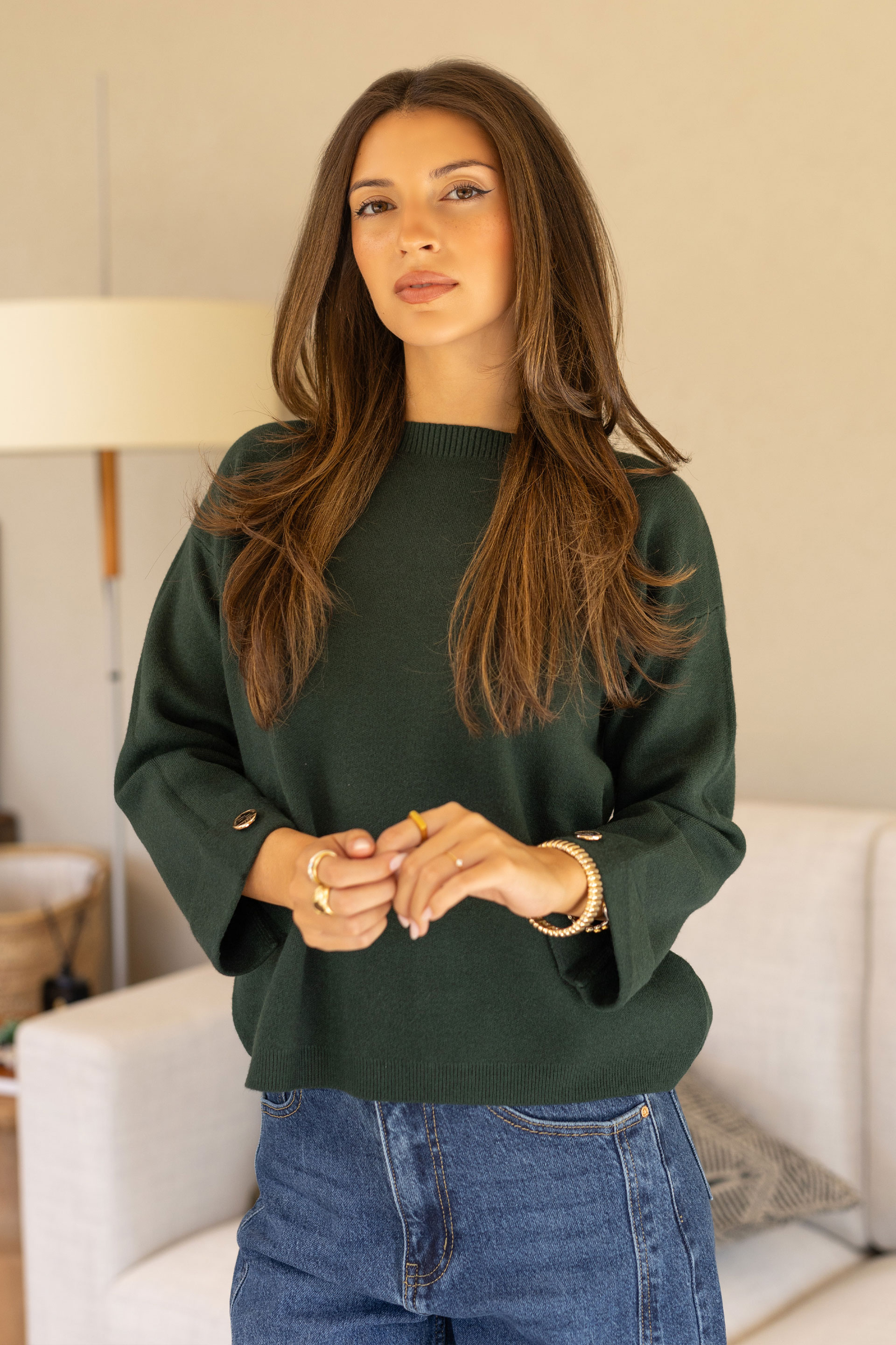 Knit sweater with 3/4 sleeves and button detail