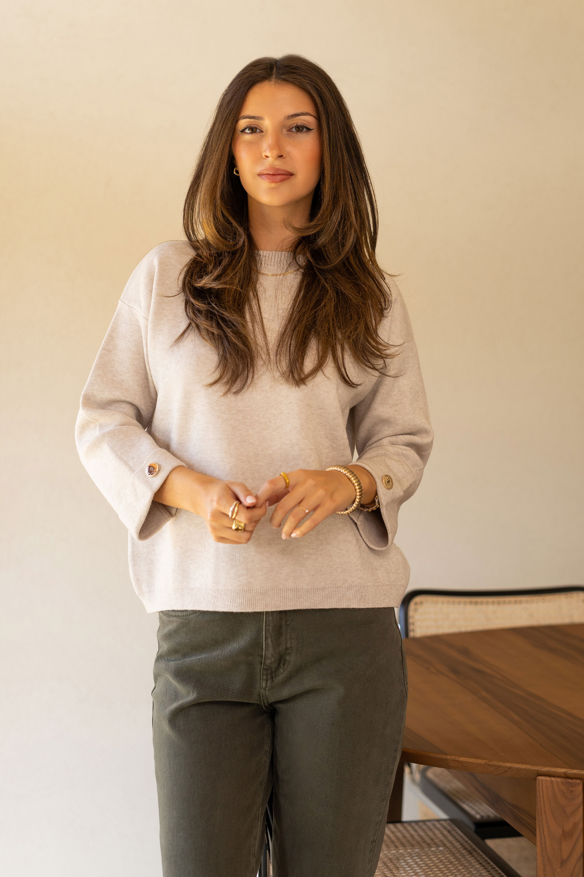 Knit sweater with 3/4 sleeves and button detail