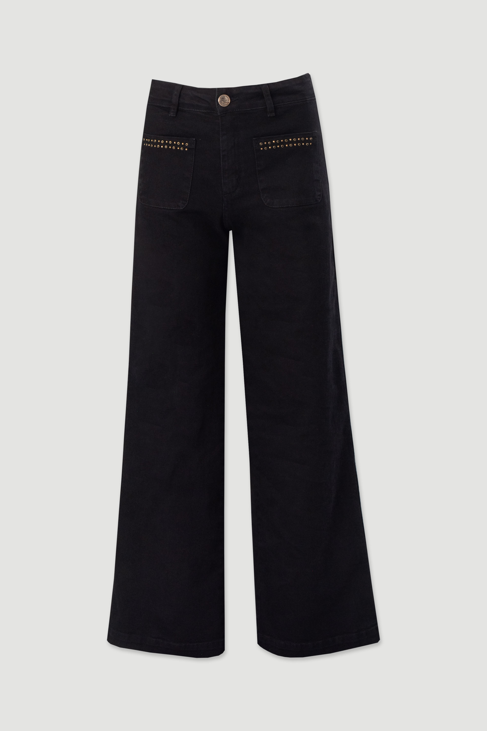 Jeans wide leg con aplicación de tachuelas