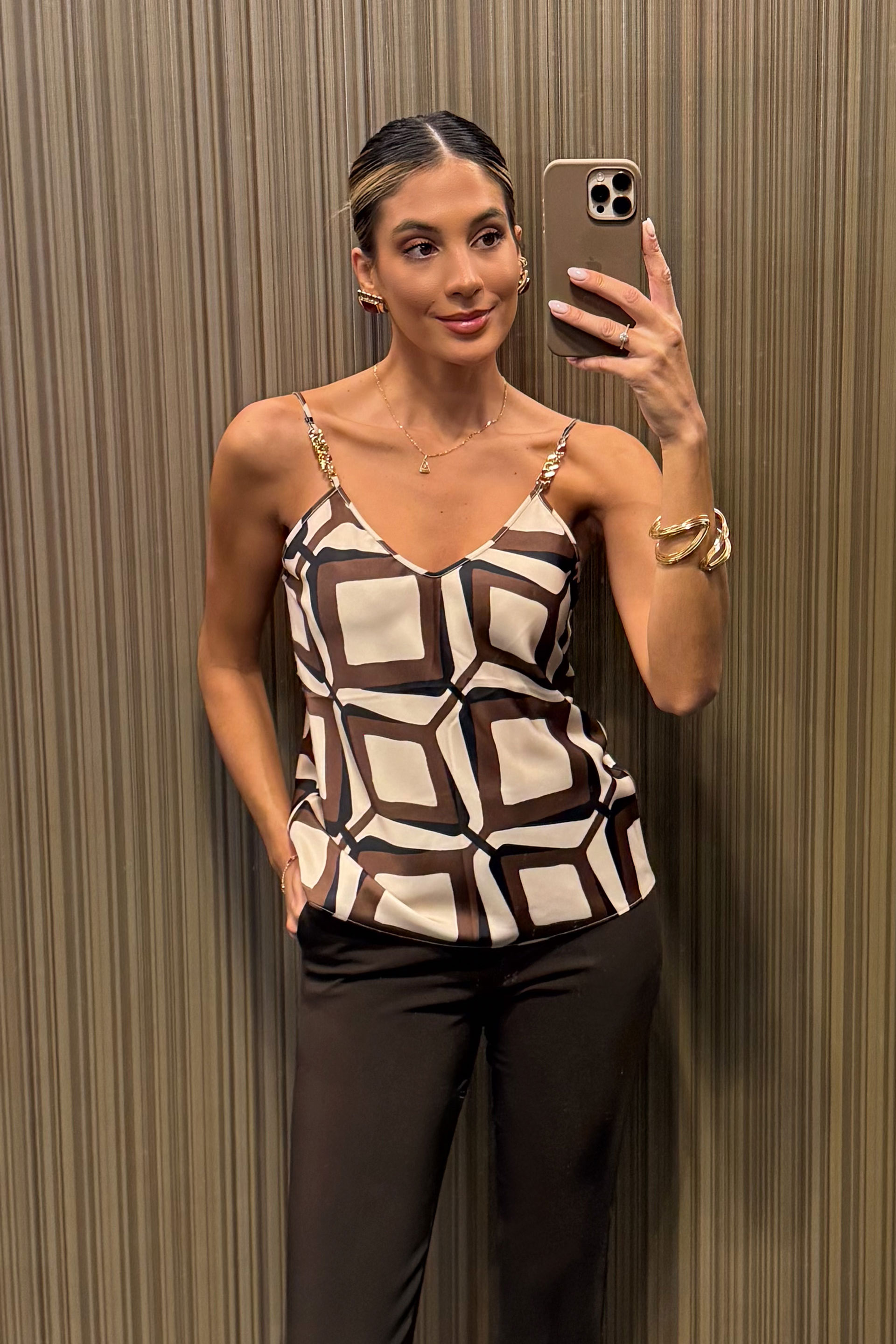 Printed top with metallic strap detail