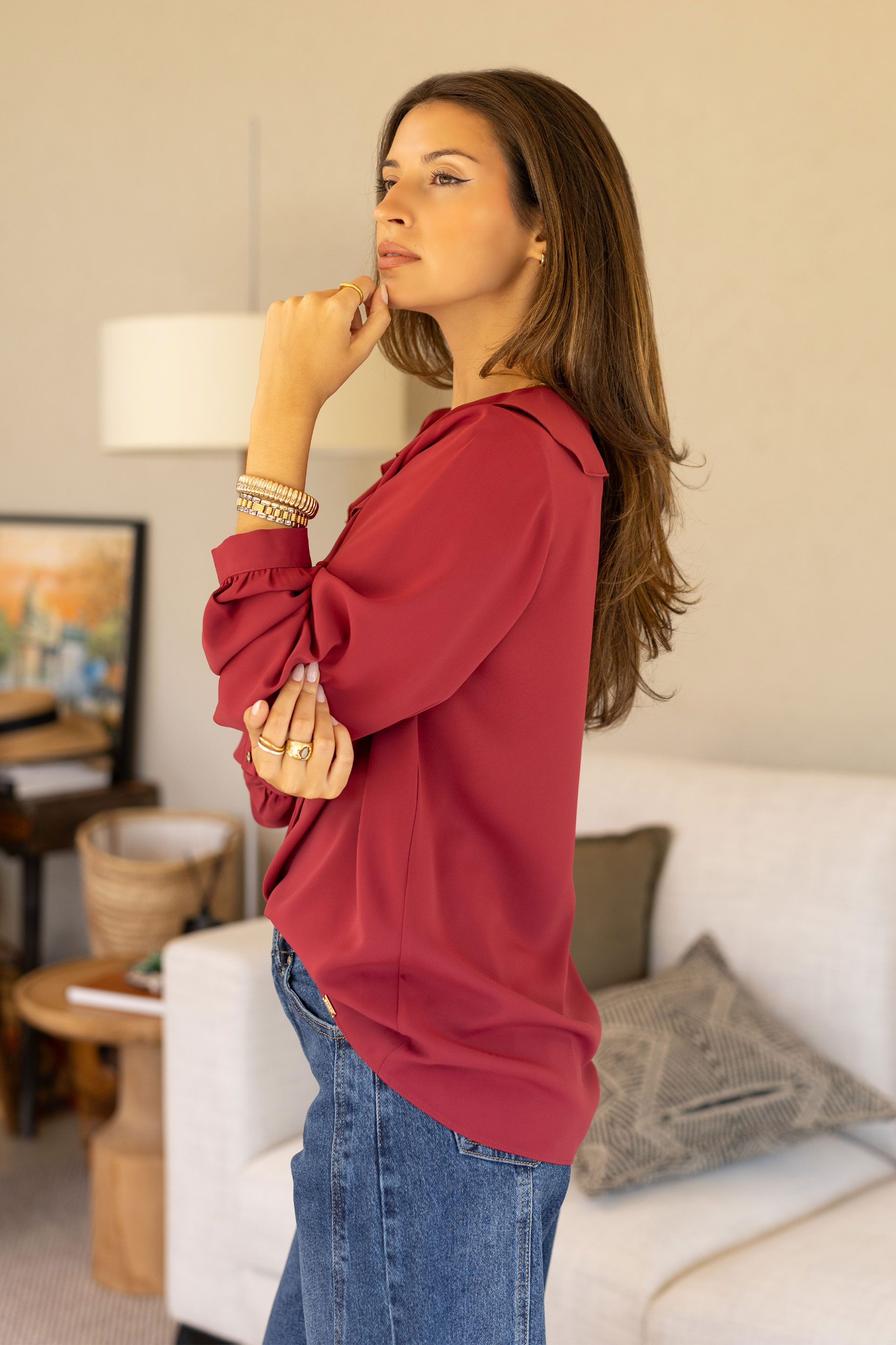 Blouse with ruffle and tie neckline