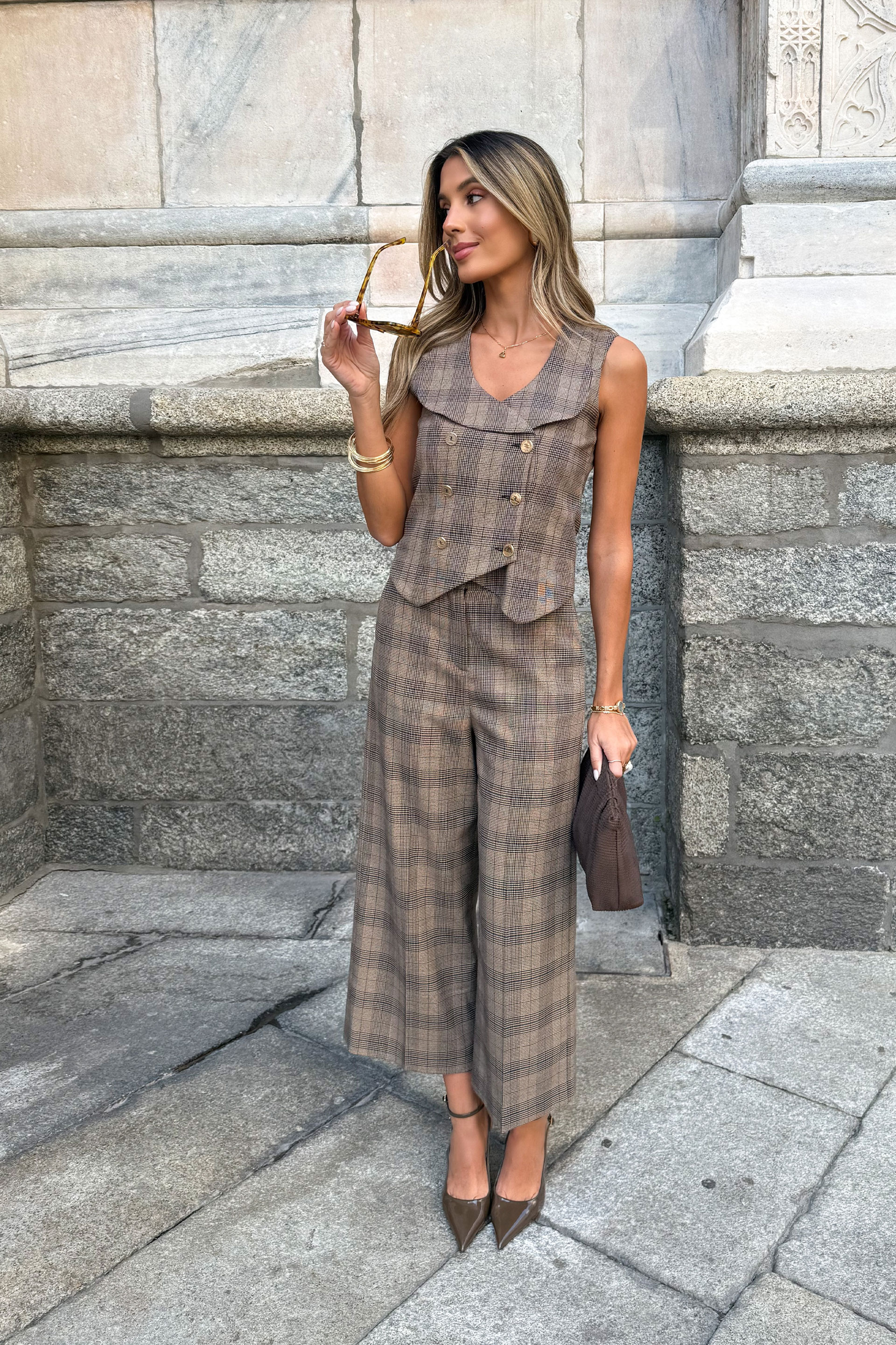 Pantalon culotte à carreaux avec ceinture