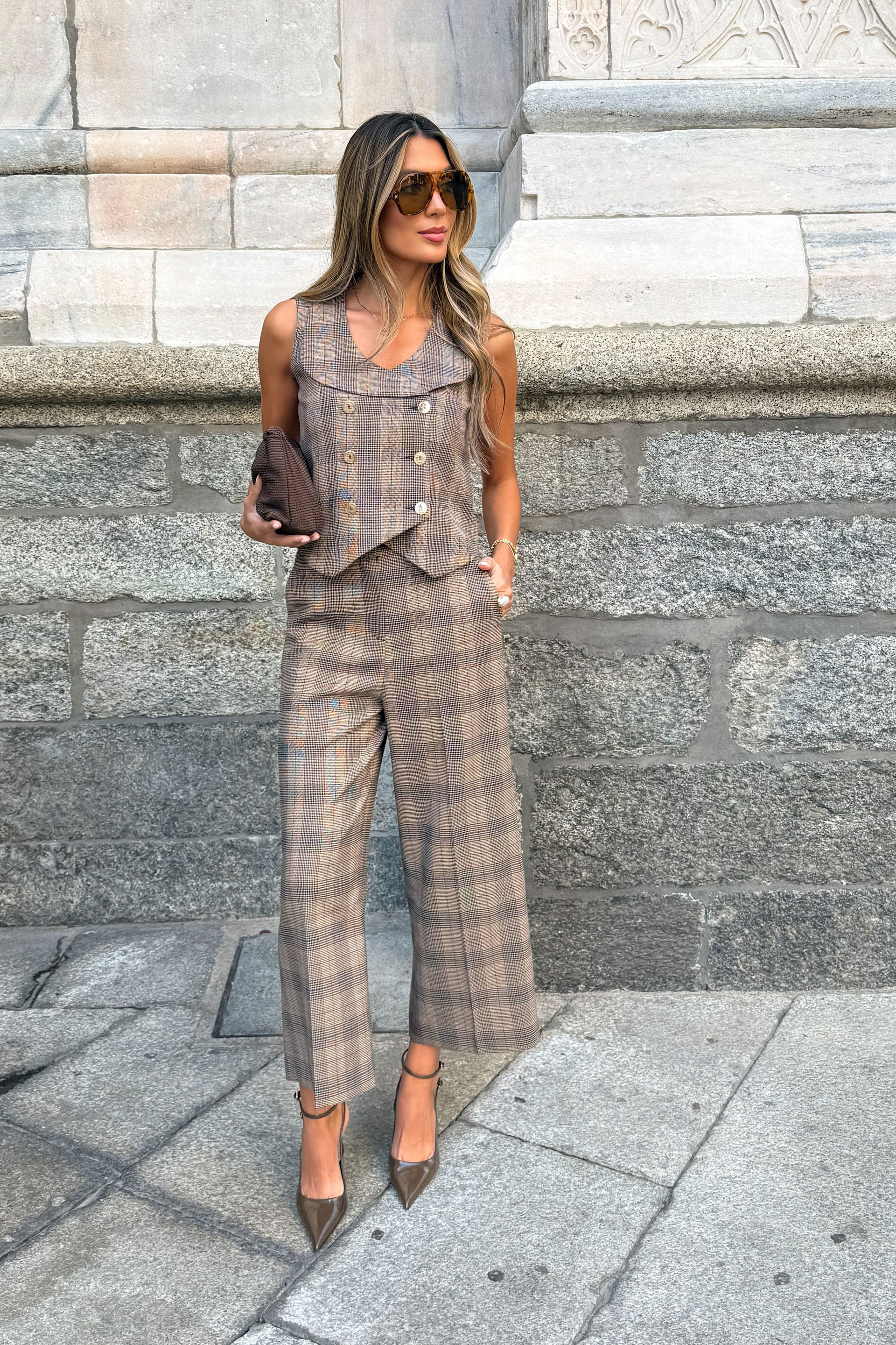 Pantalon culotte à carreaux avec ceinture