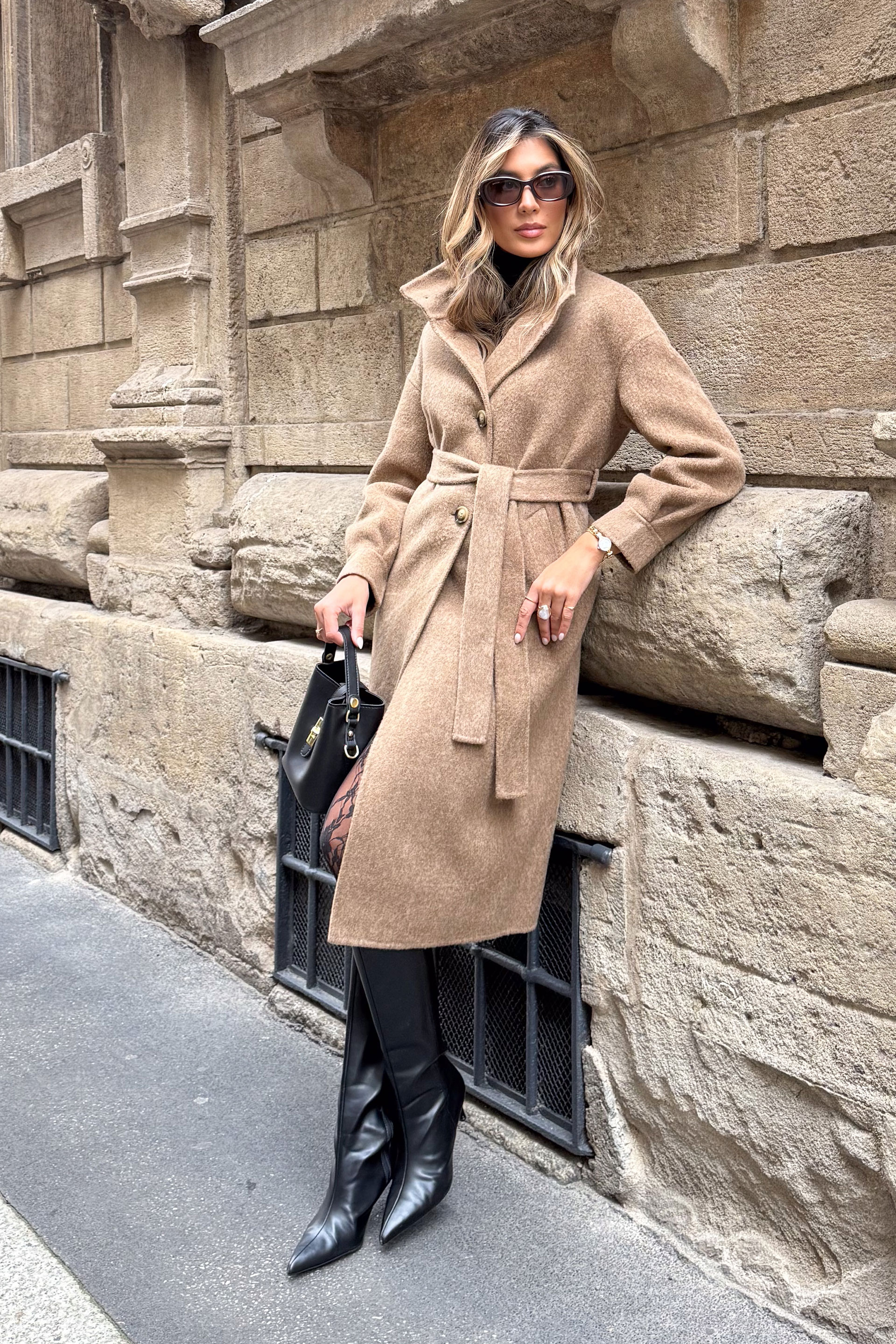 Casaco comprido em fazenda de lã