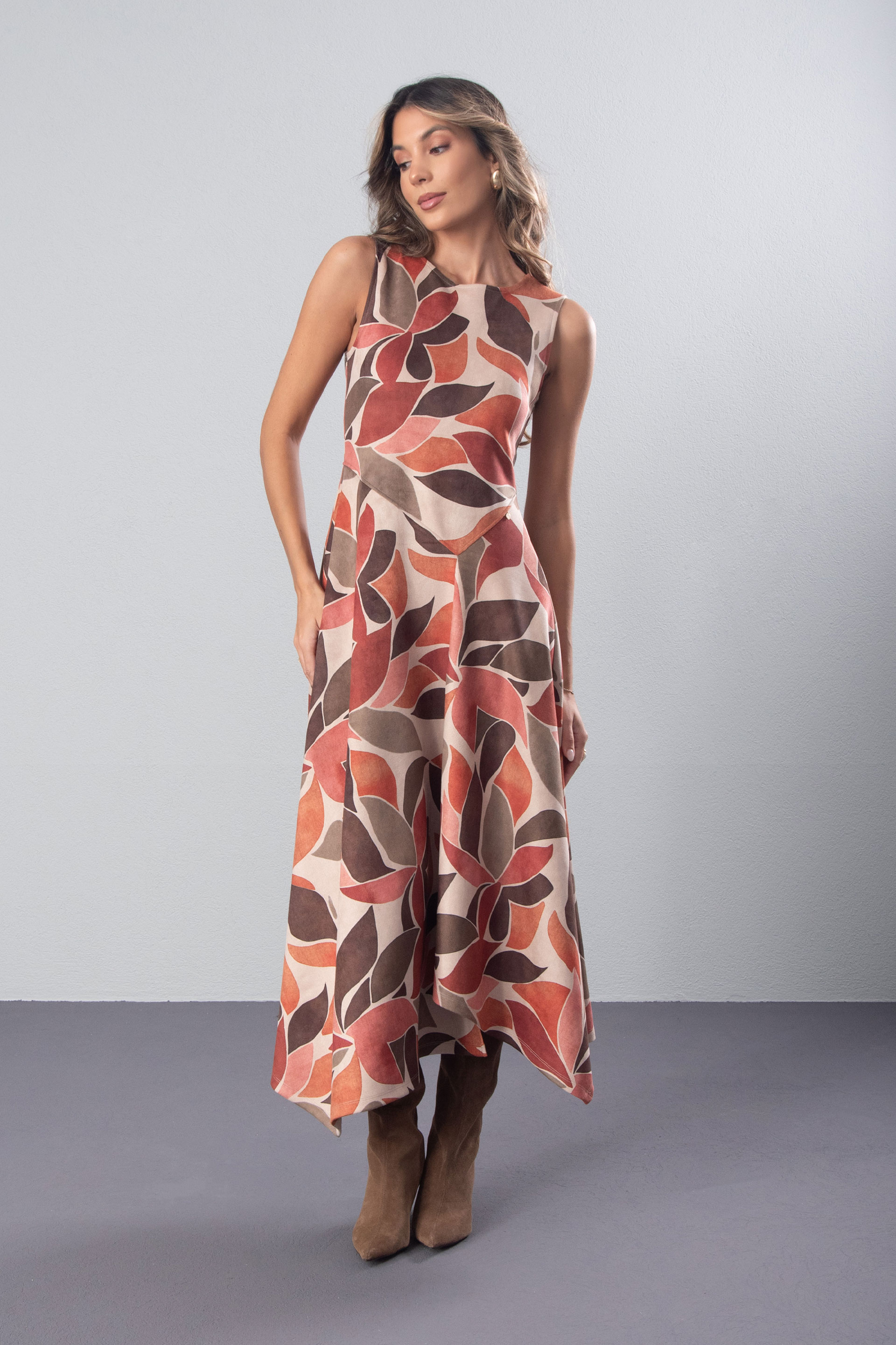 Printed midi dress in peach skin fabric