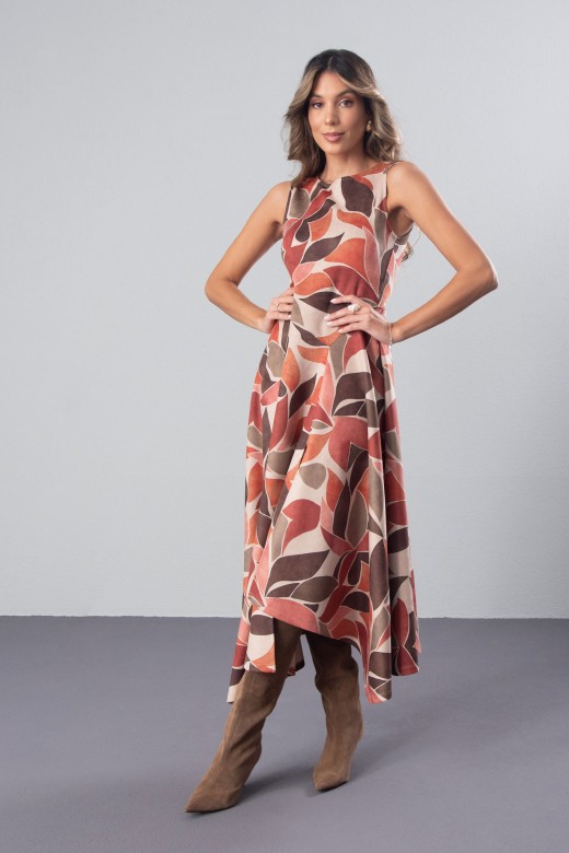 Printed midi dress in peach skin fabric