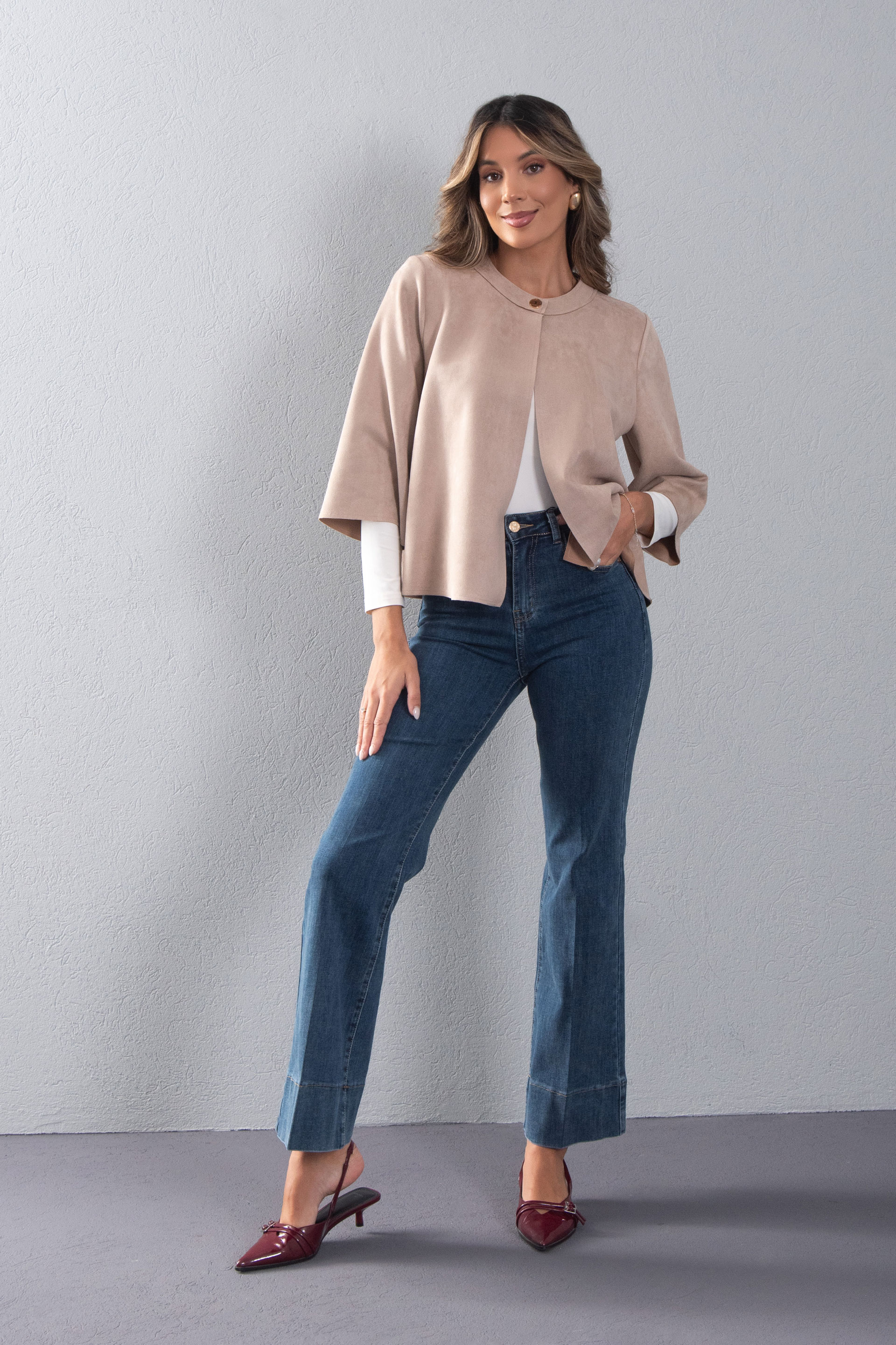 Veste en tissu effet peau de pêche avec manches 3/4