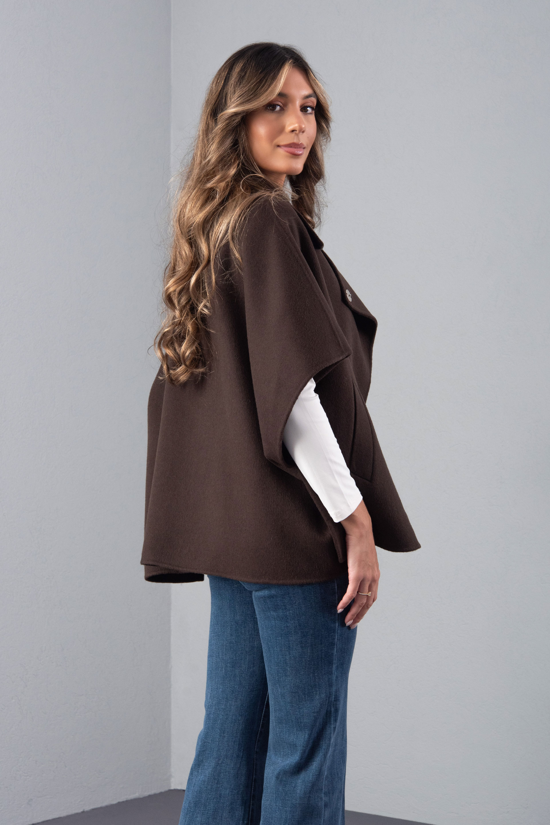 Wool cape with wide short sleeves
