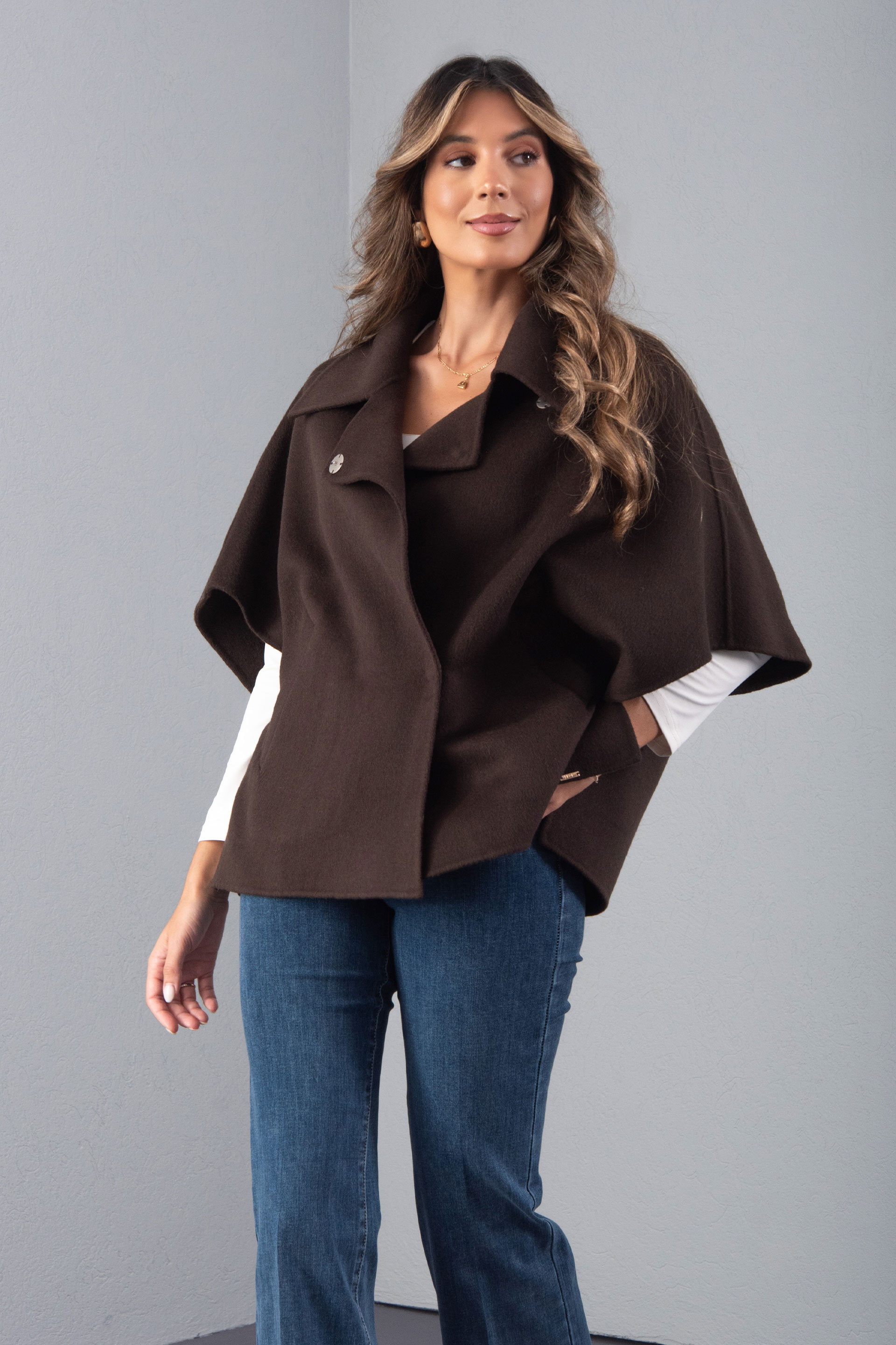 Wool cape with wide short sleeves