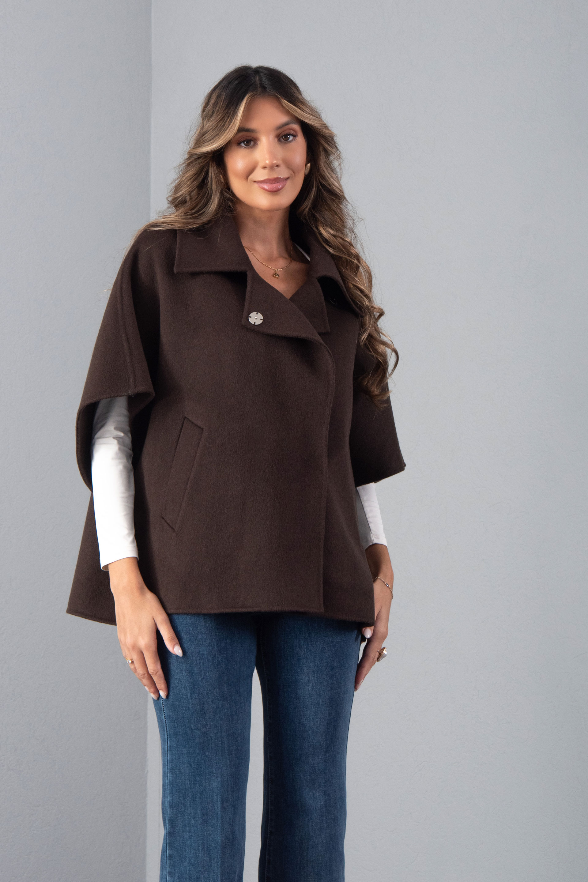 Wool cape with wide short sleeves