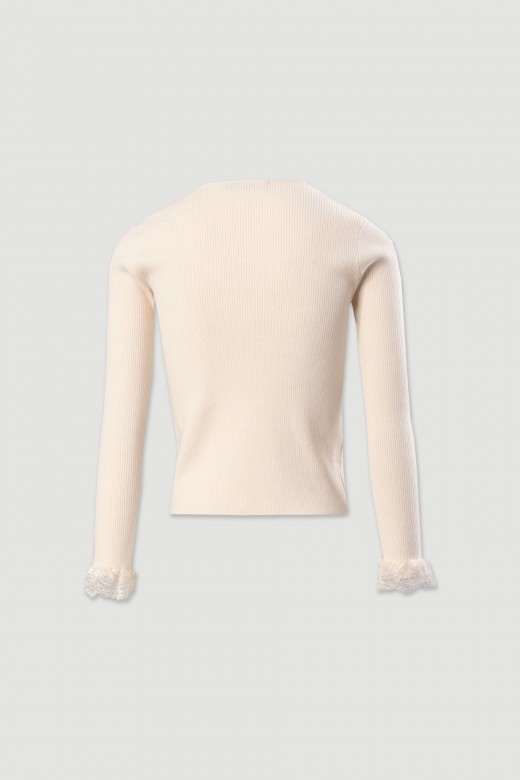 Camisola canelada com detalhe em renda Camisola canelada com detalhe em renda