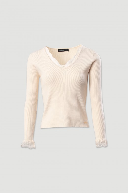 Camisola canelada com detalhe em renda Camisola canelada com detalhe em renda