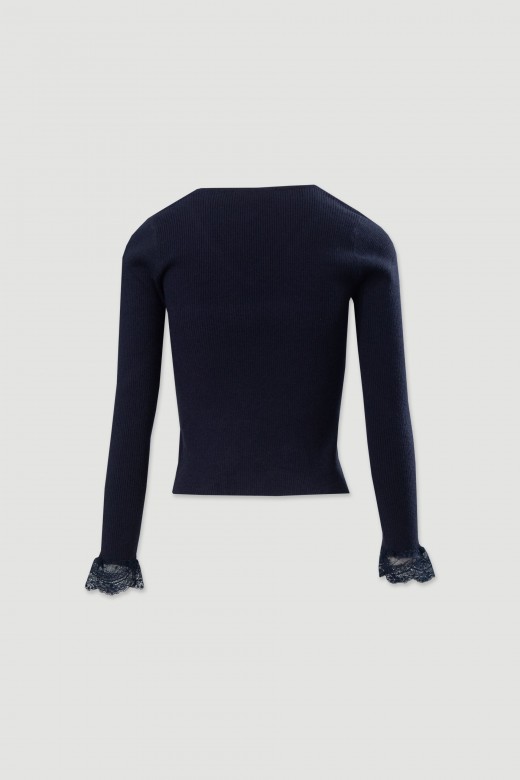 Camisola canelada com detalhe em renda Camisola canelada com detalhe em renda