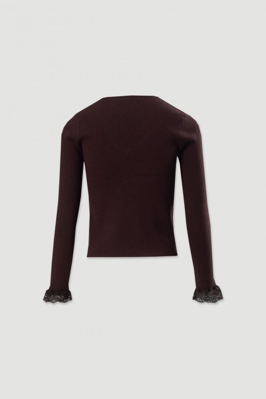 Camisola canelada com detalhe em renda Camisola canelada com detalhe em renda