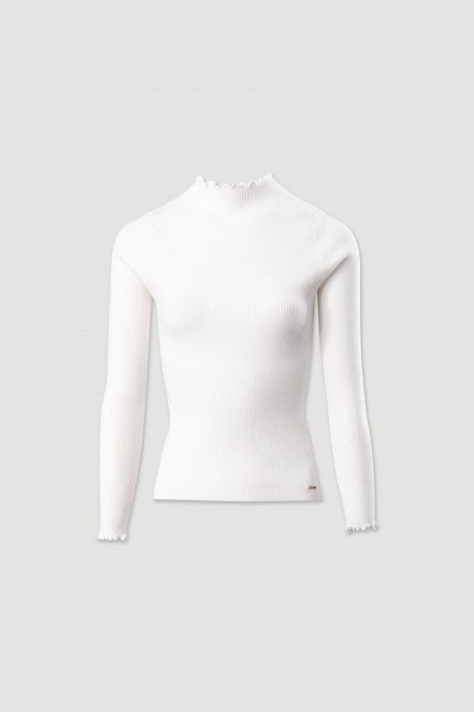 Ribbed sweater with mock neck and wavy trim