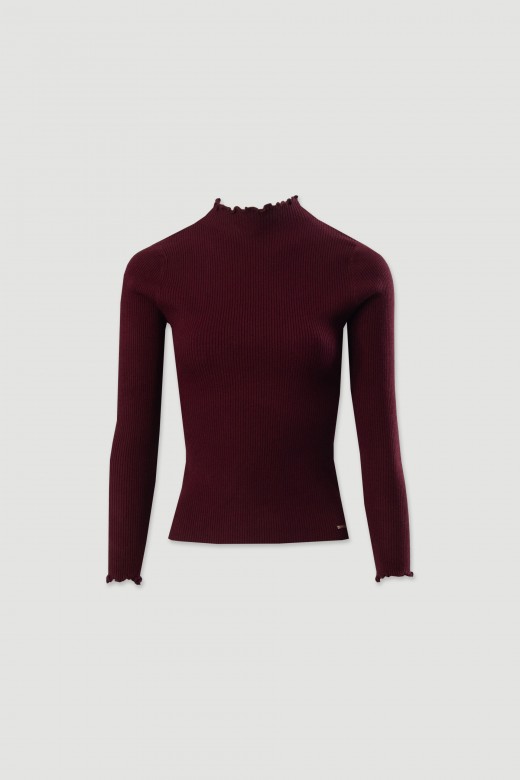 Ribbed sweater with mock neck and wavy trim Ribbed sweater with mock neck and wavy trim