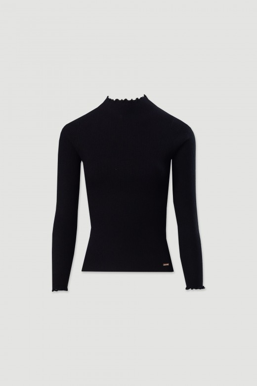 Ribbed sweater with mock neck and wavy trim Ribbed sweater with mock neck and wavy trim