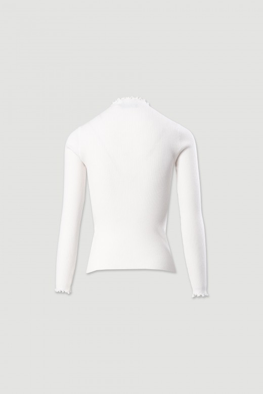 Ribbed sweater with mock neck and wavy trim