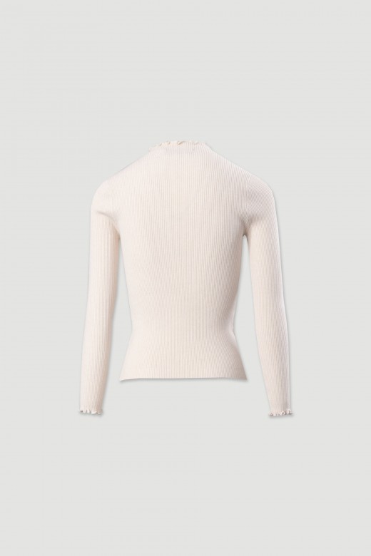 Ribbed sweater with mock neck and wavy trim