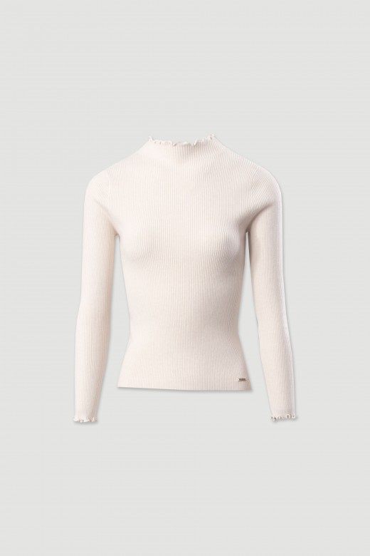 Ribbed sweater with mock neck and wavy trim