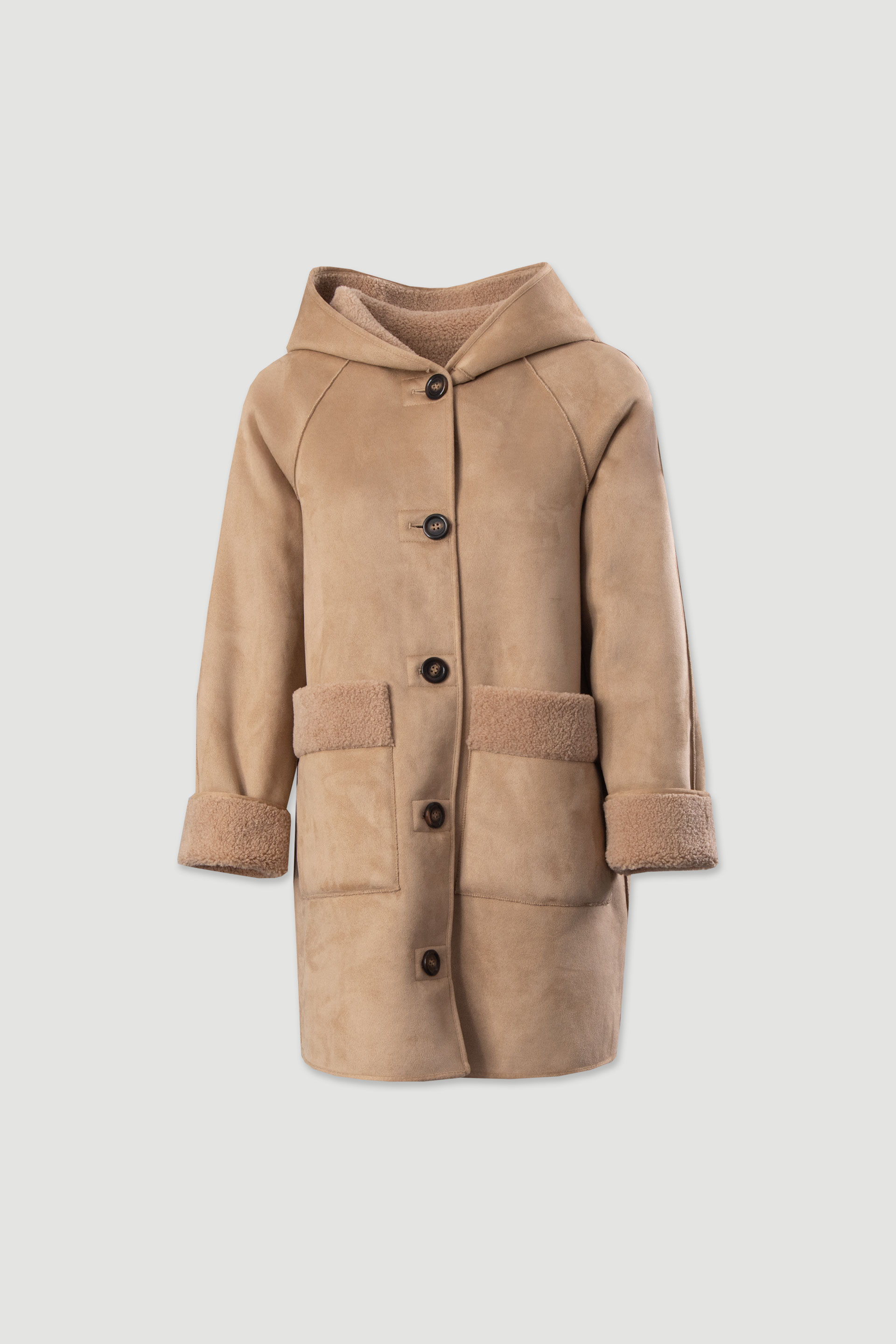 Abrigo reversible con capucha y efecto ante y borreguito