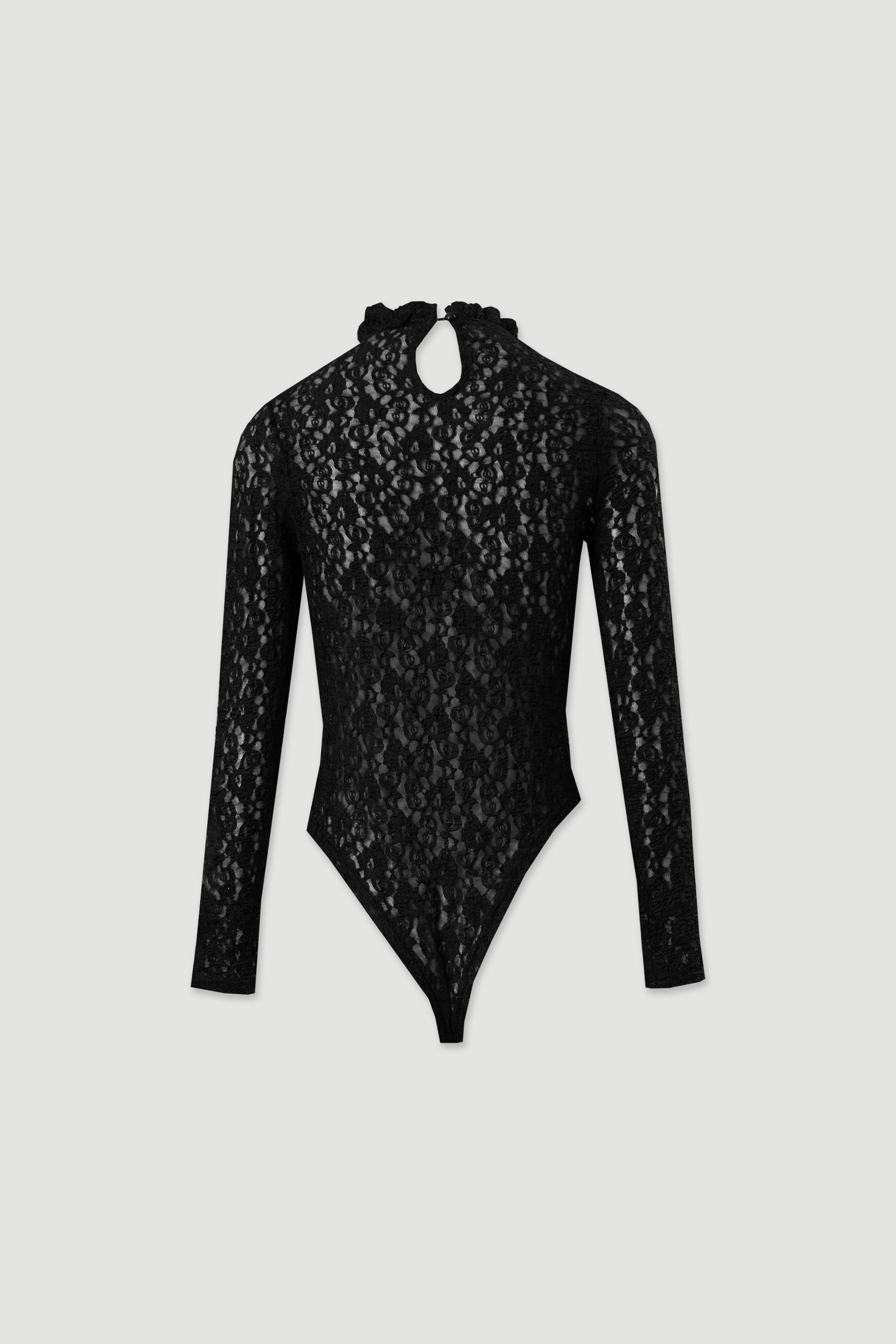 Lace bodysuit with frilled high neckline