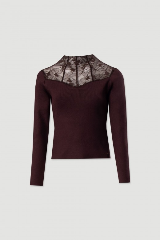 Camisola de malha com renda no decote Camisola de malha com renda no decote