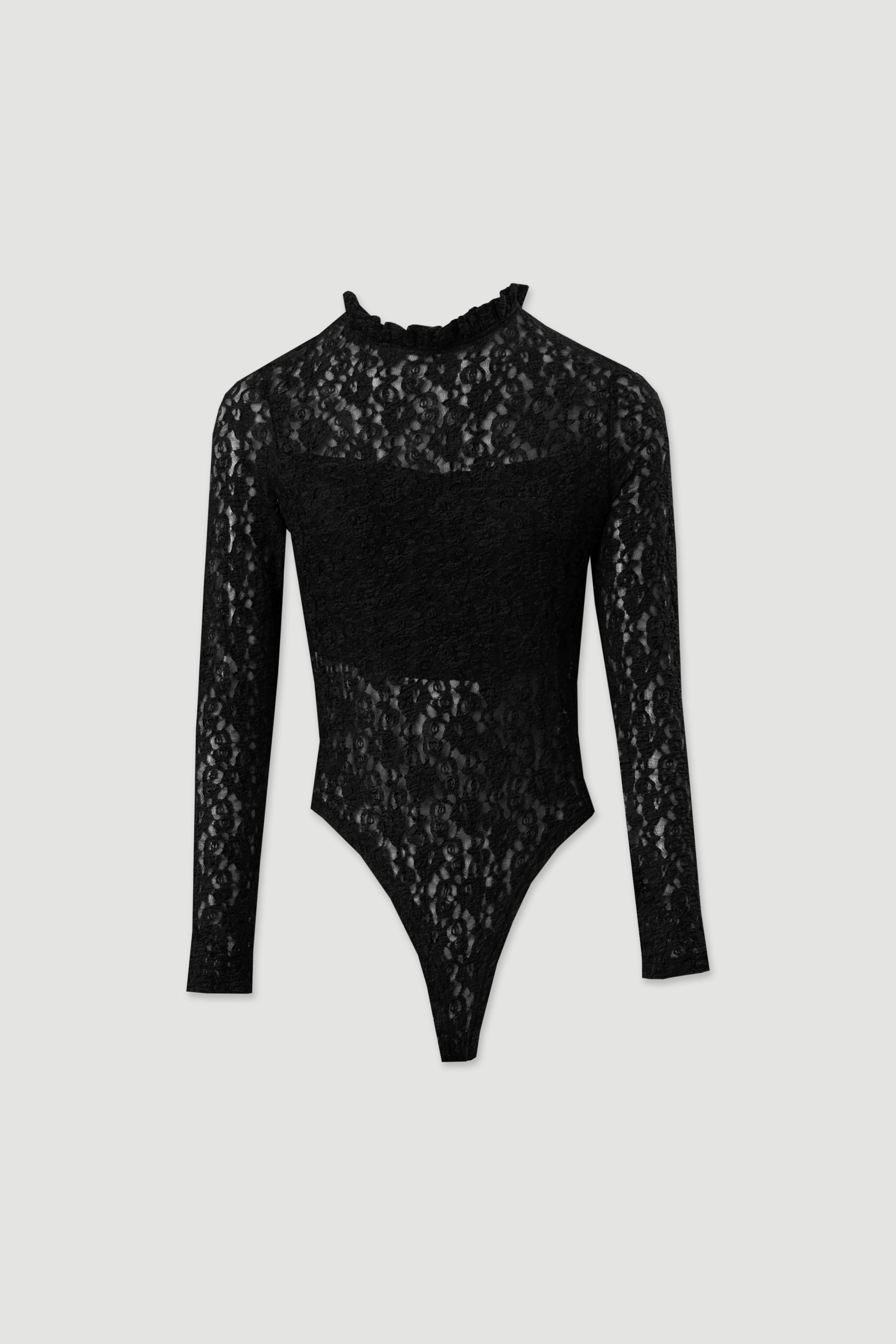 Lace bodysuit with frilled high neckline