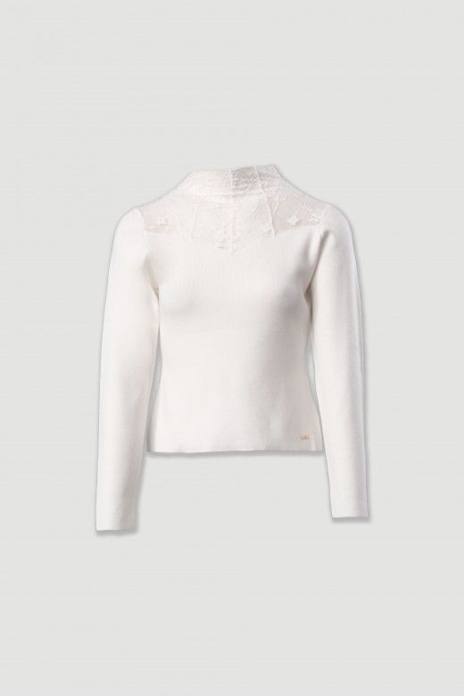 Knit sweater with lace neckline