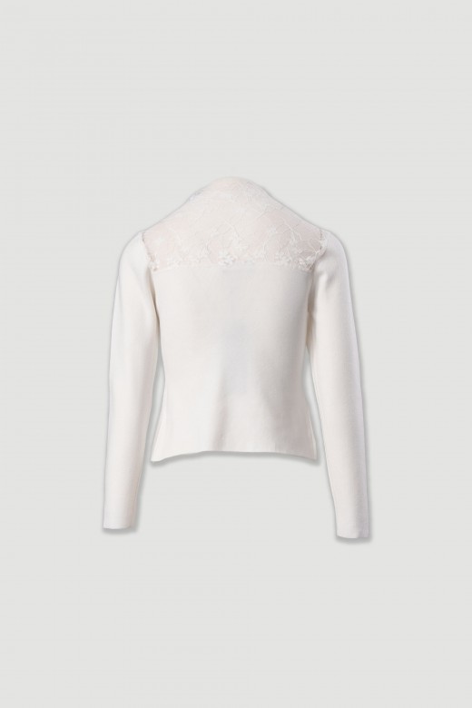 Knit sweater with lace neckline