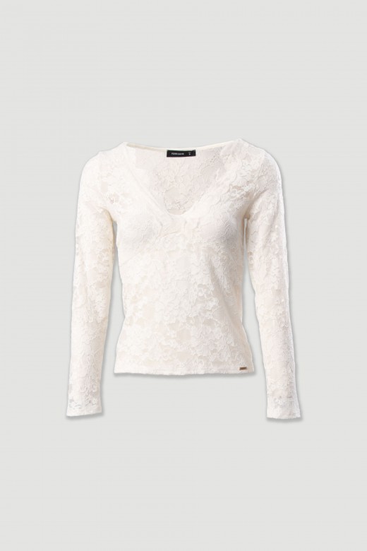 Camiseta de encaje con escote en v Camiseta de encaje con escote en v