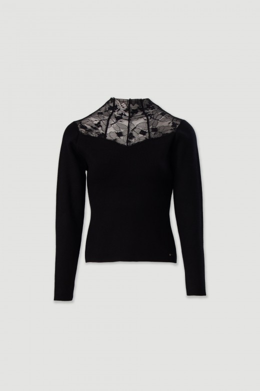 Knit sweater with lace neckline Knit sweater with lace neckline