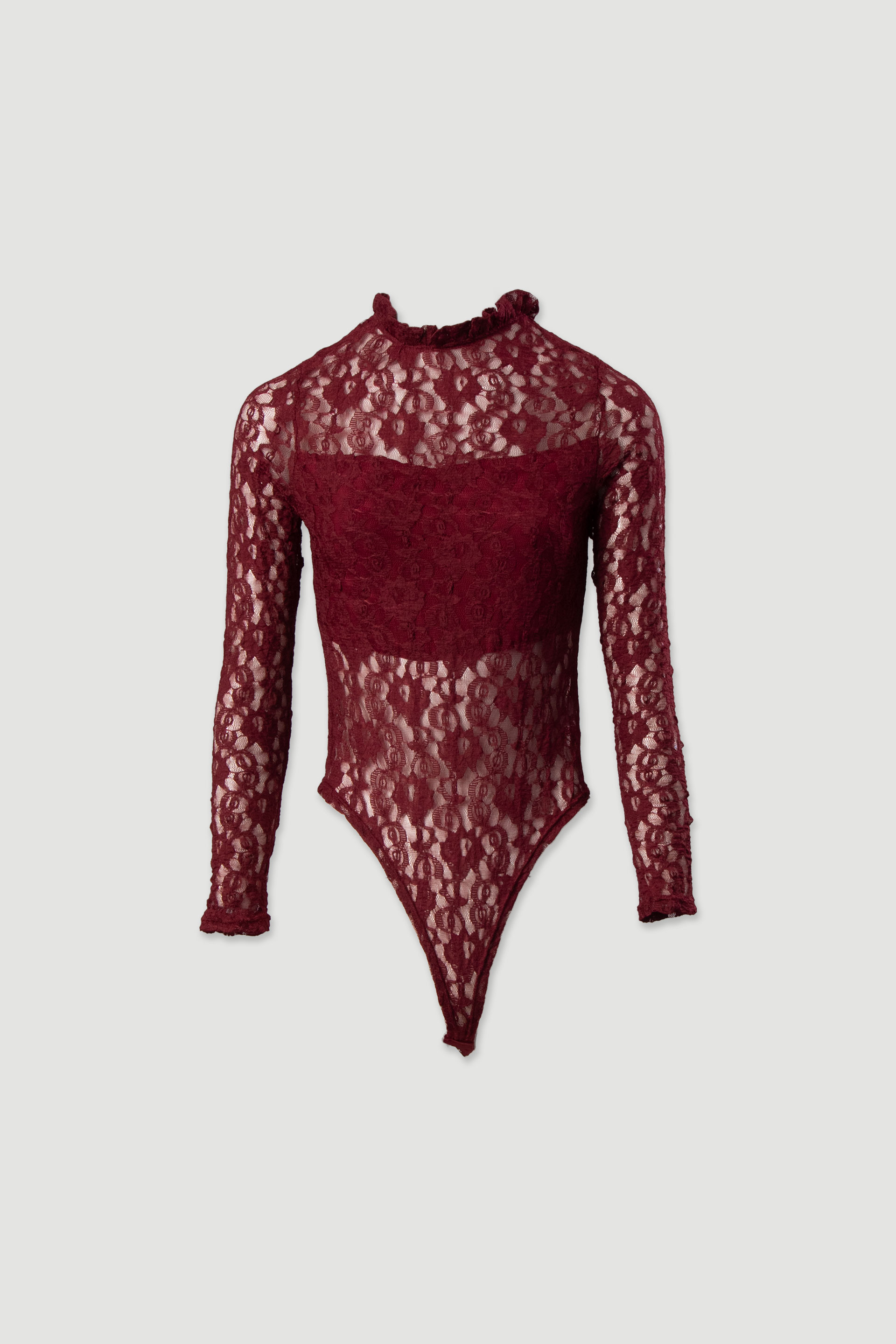 Lace bodysuit with frilled high neckline
