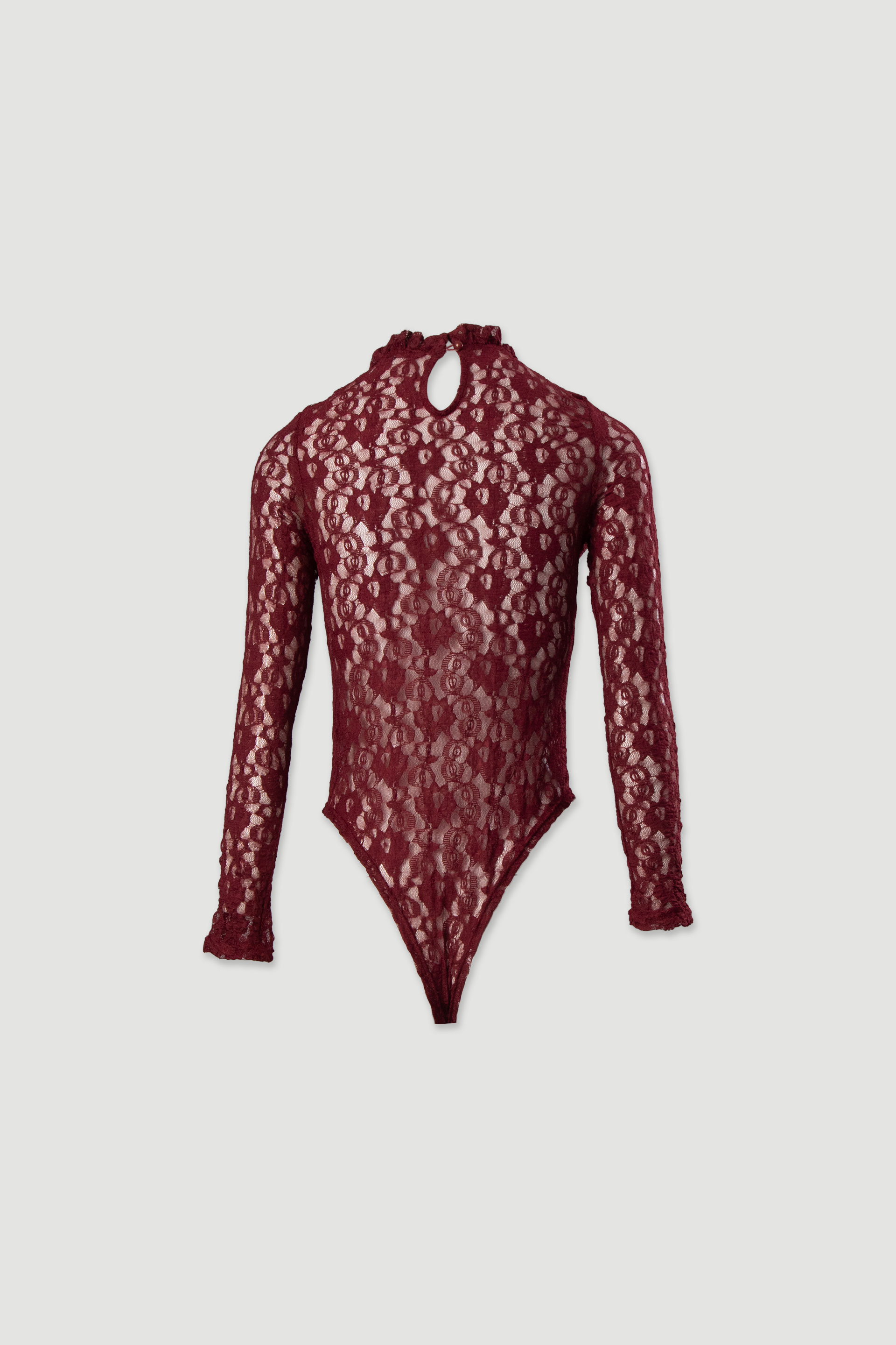 Lace bodysuit with frilled high neckline