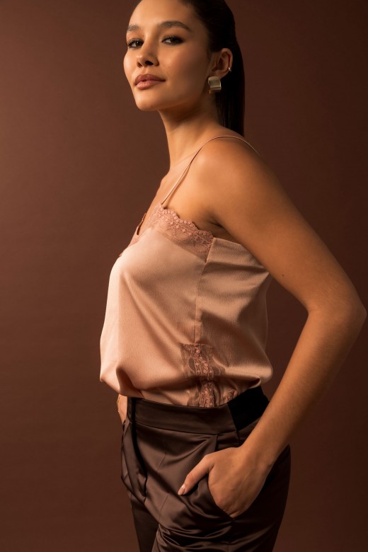 Satin strap top with lace detail Satin strap top with lace detail
