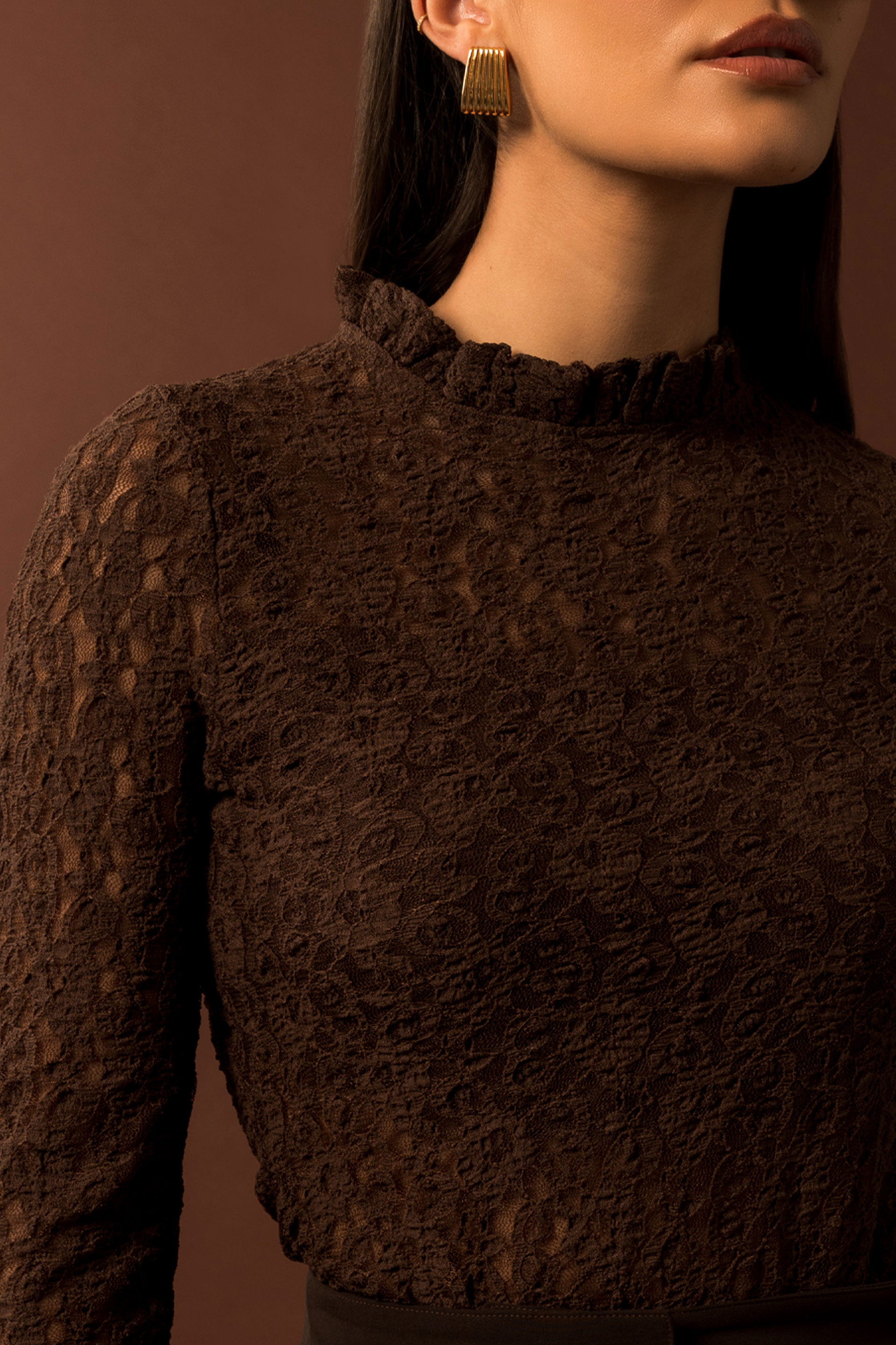 Lace bodysuit with frilled high neckline