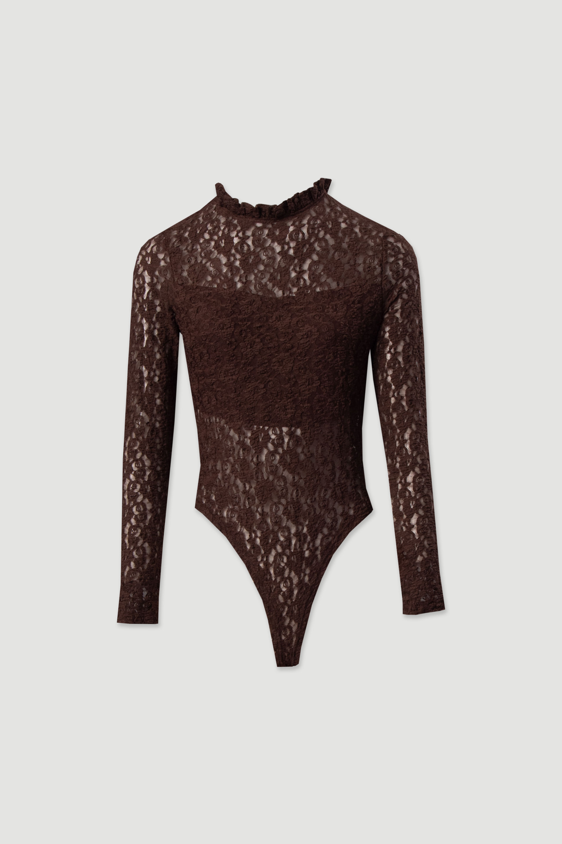 Lace bodysuit with frilled high neckline