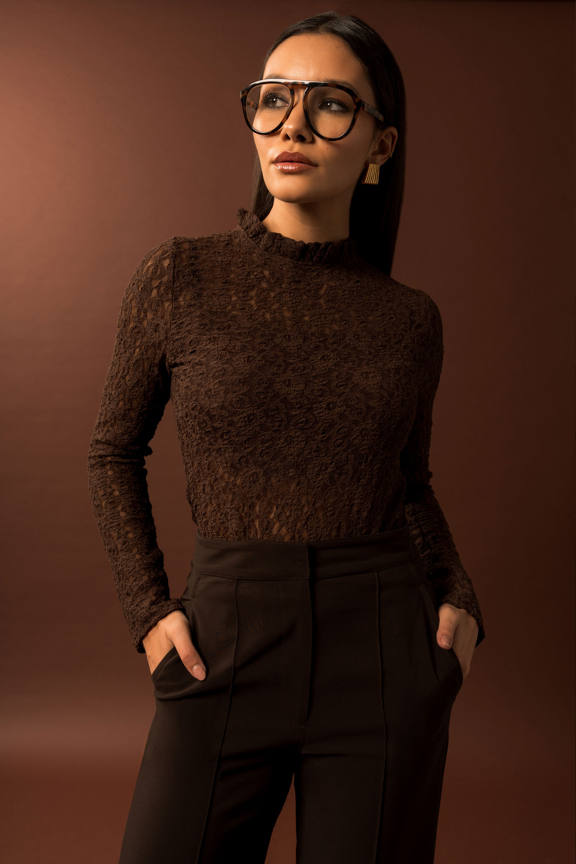 Lace bodysuit with frilled high neckline