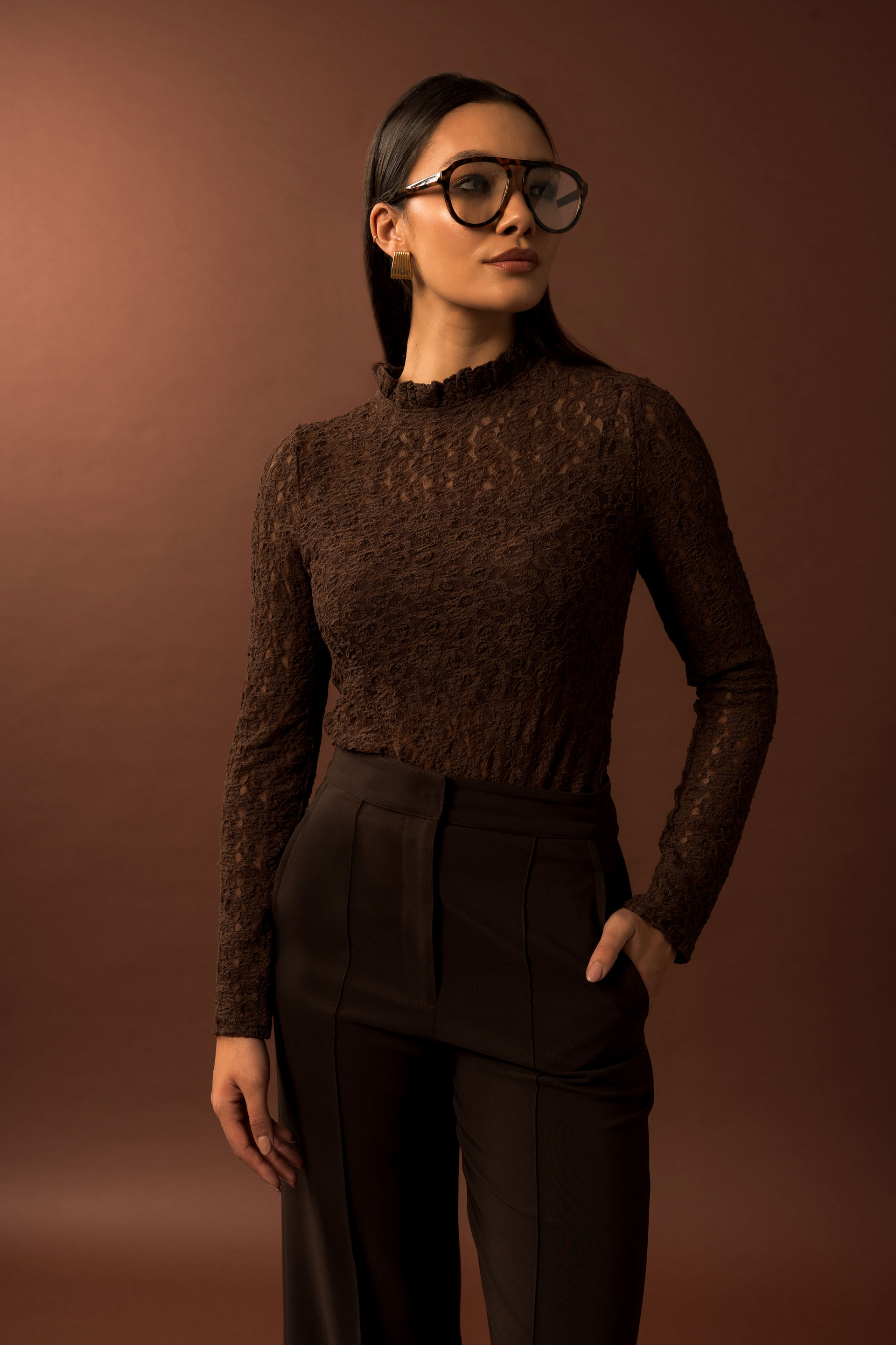 Lace bodysuit with frilled high neckline