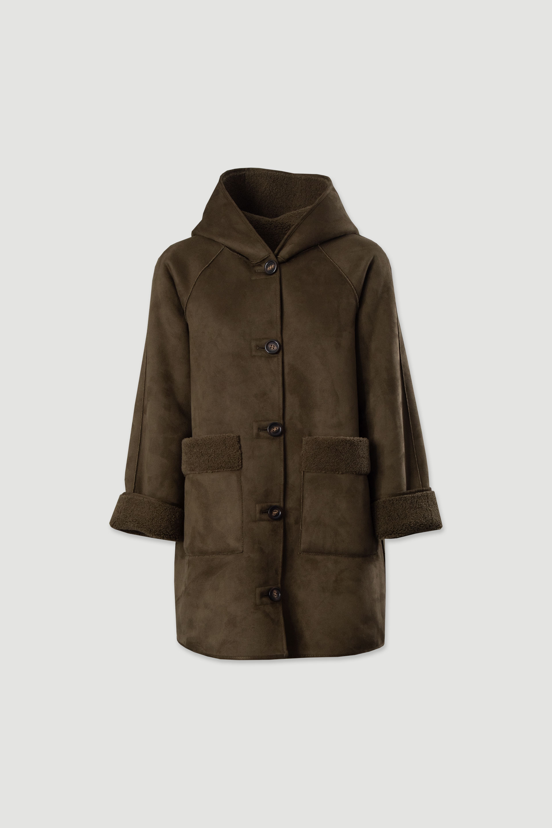 Manteau réversible à capuche en suédine et effet mouton