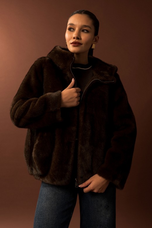 Short faux fur coat with hood Short faux fur coat with hood