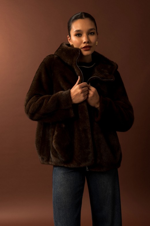 Short faux fur coat with hood Short faux fur coat with hood